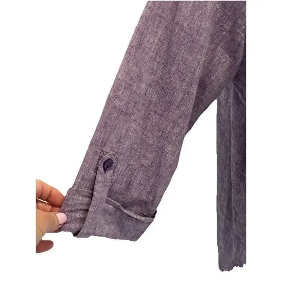 Kim Rogers Purple Button Up Top V Neck Blouse Tunic Linen Cotton XL Lavender - Picture 2 of 5